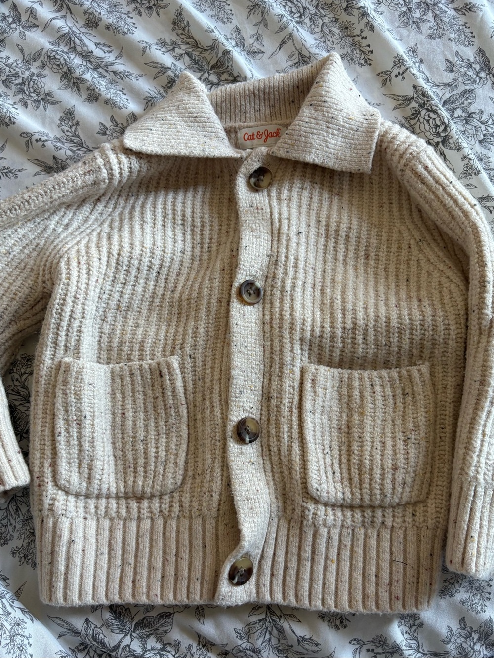 Cat & Jack Neutral Flecked Cream Ribbed Button Cardigan